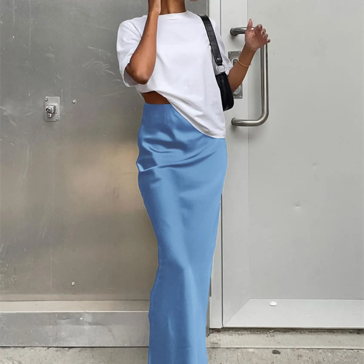 Gonna lunga femminile in raso casual Elegante cerniera divisa patchwork Gonna lunga nera a vita alta Moda High Street Maxi