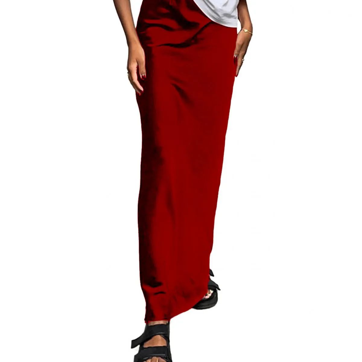 Gonna lunga femminile in raso casual Elegante cerniera divisa patchwork Gonna lunga nera a vita alta Moda High Street Maxi