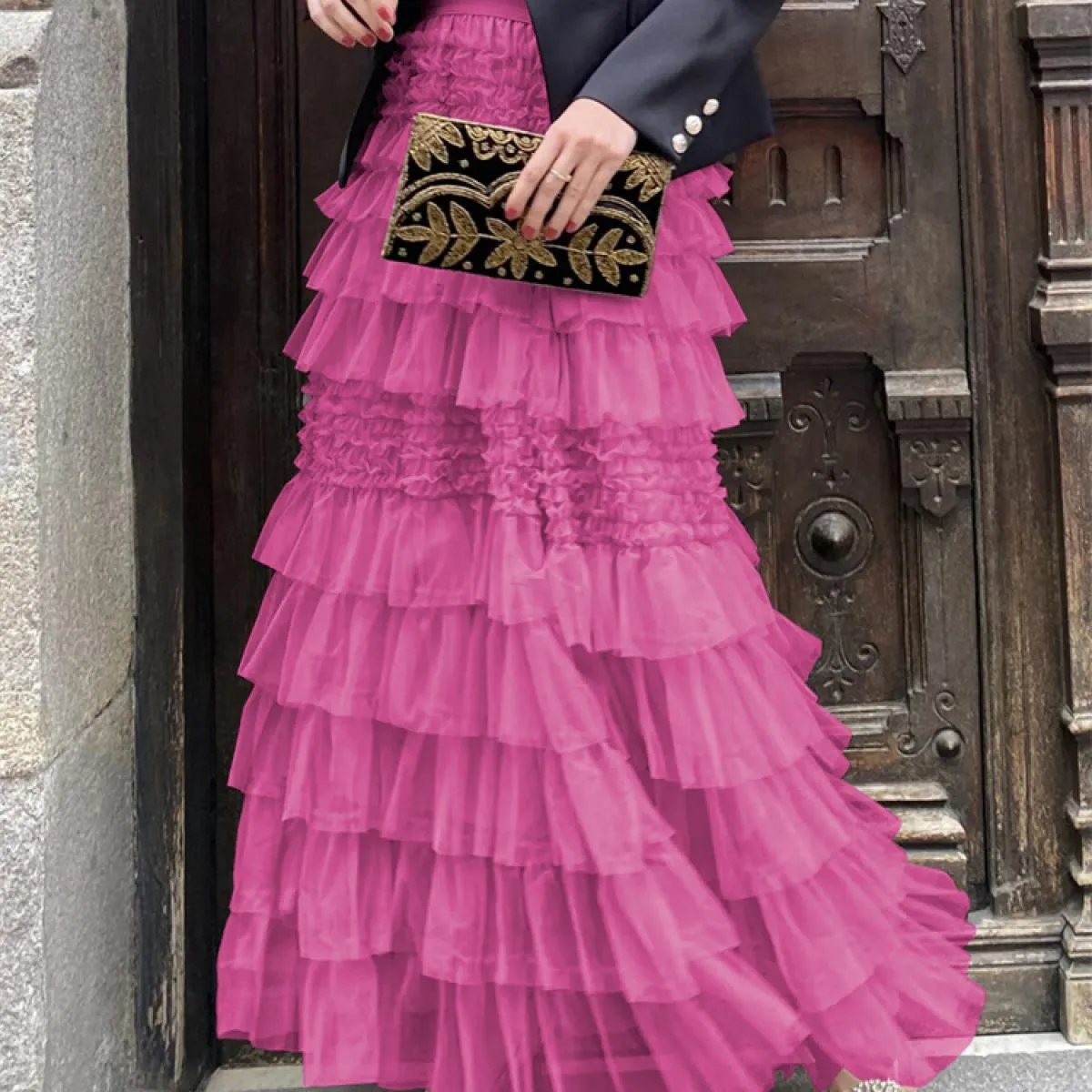 Gonna lunga soffice e arricciata in rete da donna a vita alta patchwork moda sottile elegante gonna lunga estiva da donna