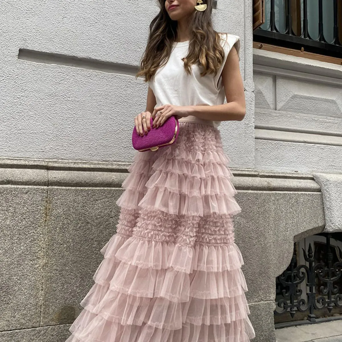 Gonna lunga soffice e arricciata in rete da donna a vita alta patchwork moda sottile elegante gonna lunga estiva da donna