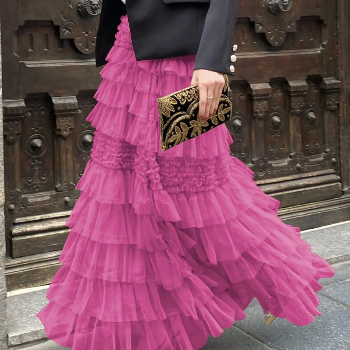 Gonna lunga soffice e arricciata in rete da donna a vita alta patchwork moda sottile elegante gonna lunga estiva da donna