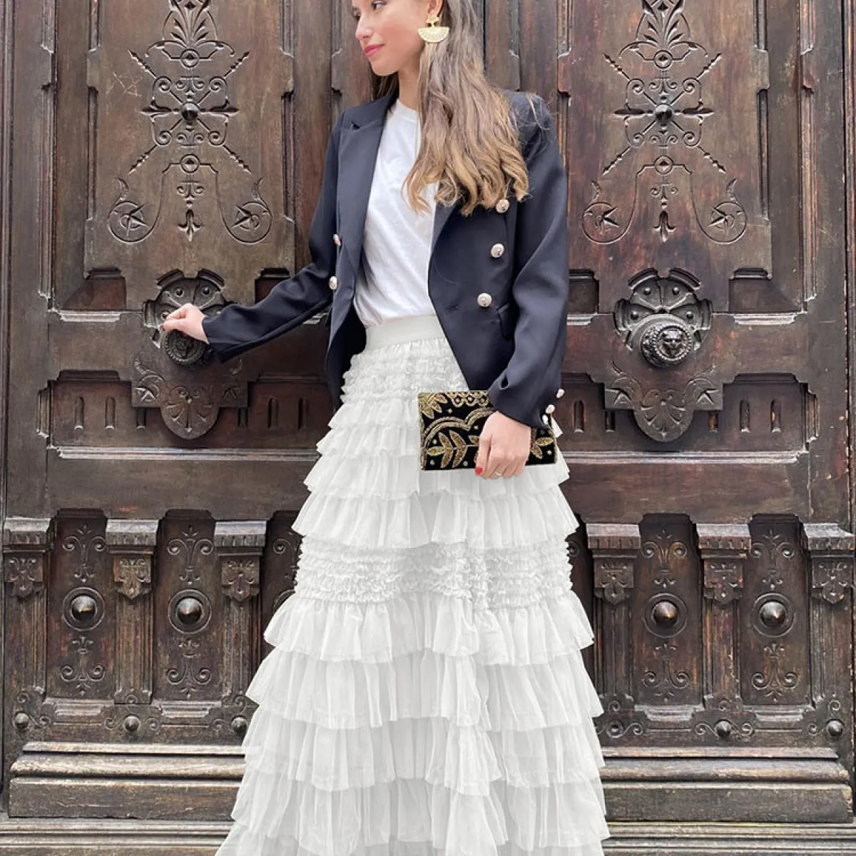 Gonna lunga soffice e arricciata in rete da donna a vita alta patchwork moda sottile elegante gonna lunga estiva da donna