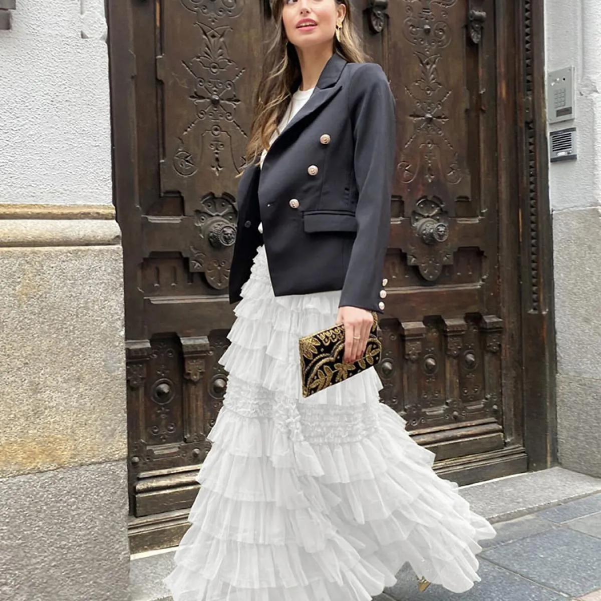 Gonna lunga soffice e arricciata in rete da donna a vita alta patchwork moda sottile elegante gonna lunga estiva da donna