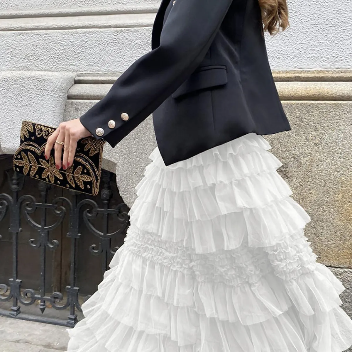 Gonna lunga soffice e arricciata in rete da donna a vita alta patchwork moda sottile elegante gonna lunga estiva da donna