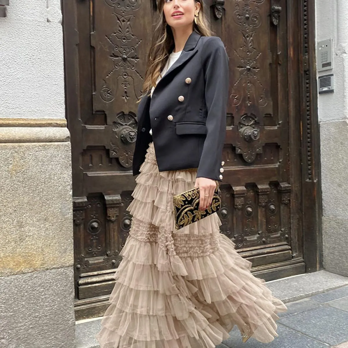 Gonna lunga soffice e arricciata in rete da donna a vita alta patchwork moda sottile elegante gonna lunga estiva da donna