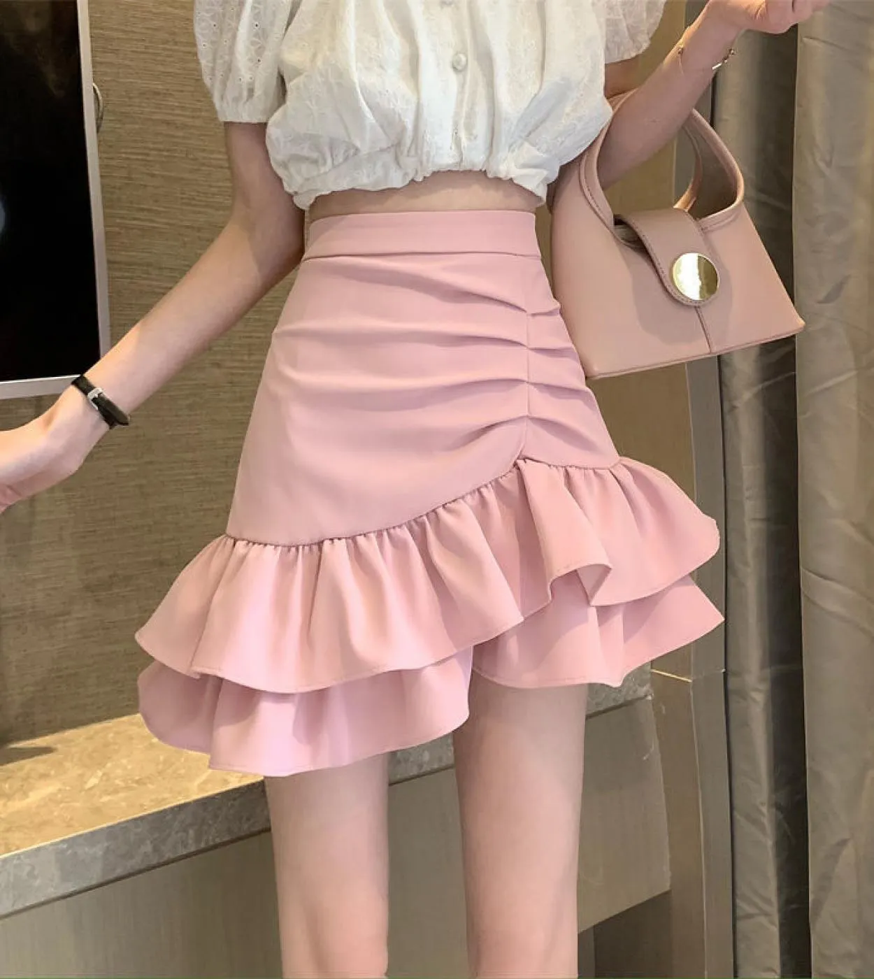 Gonna stile donna con volant rosa Gonna corta Kawaii estiva a vita alta Streetwear Minigonne pieghettate da donna