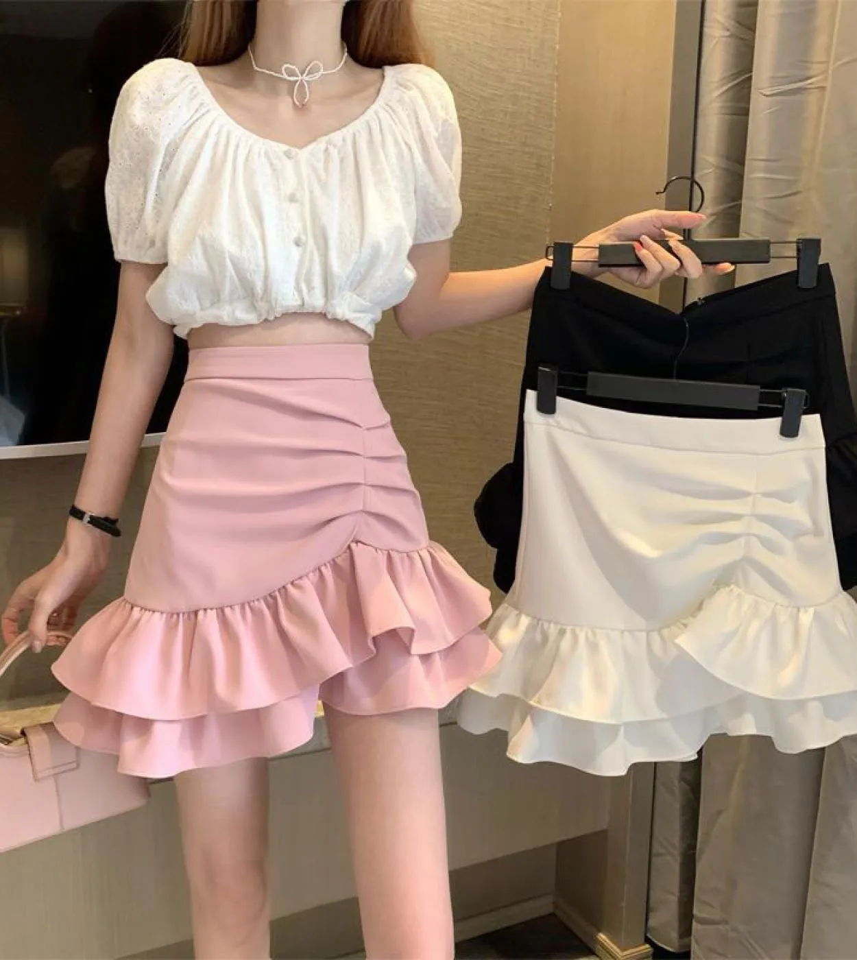 Gonna stile donna con volant rosa Gonna corta Kawaii estiva a vita alta Streetwear Minigonne pieghettate da donna