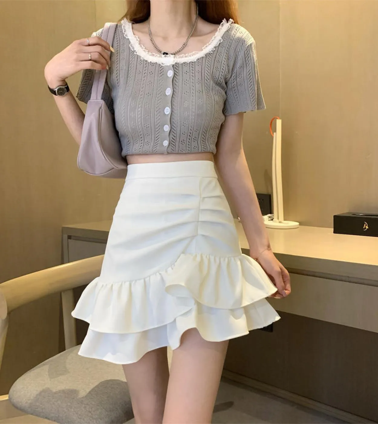 Gonna stile donna con volant rosa Gonna corta Kawaii estiva a vita alta Streetwear Minigonne pieghettate da donna