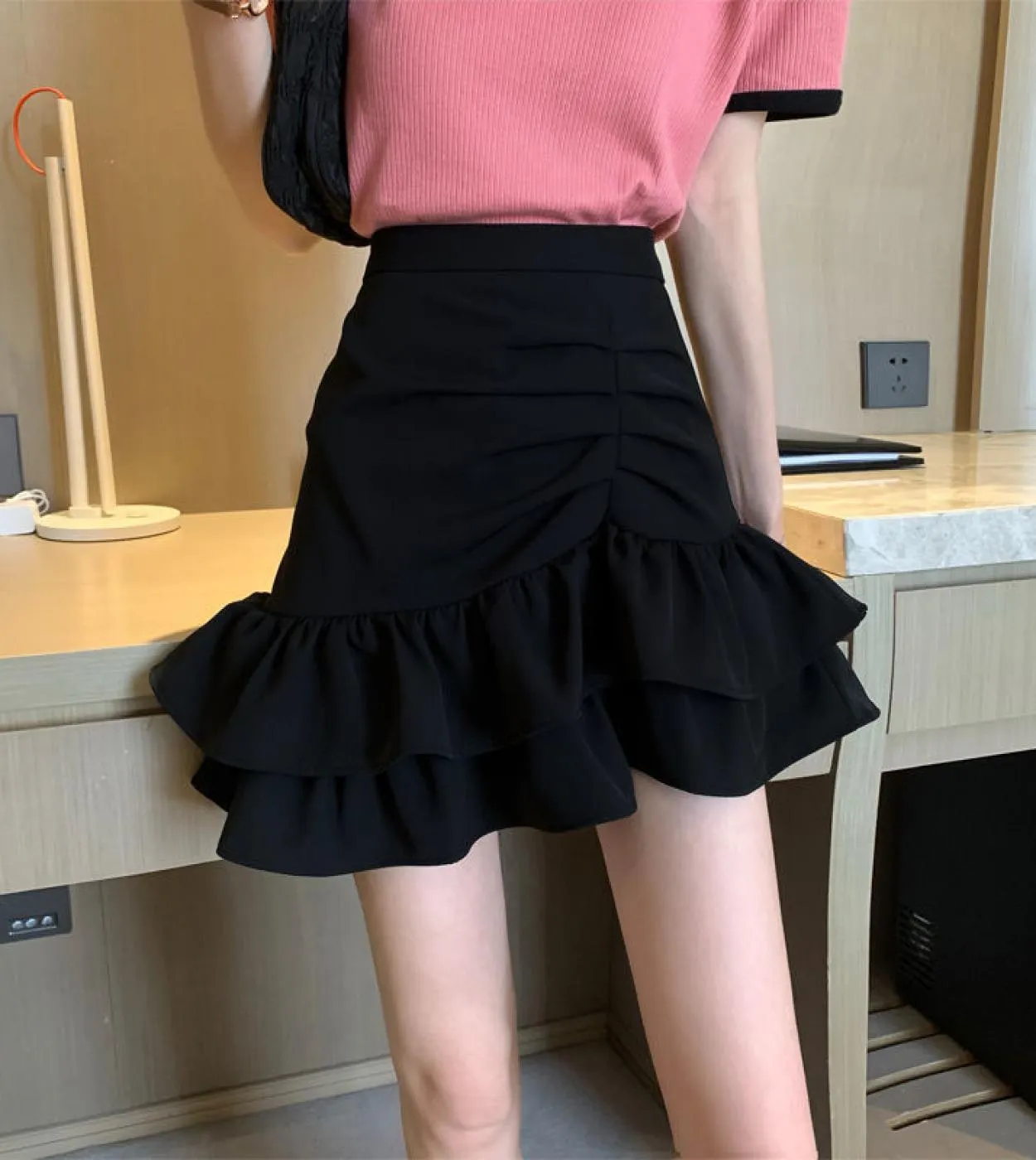 Gonna stile donna con volant rosa Gonna corta Kawaii estiva a vita alta Streetwear Minigonne pieghettate da donna