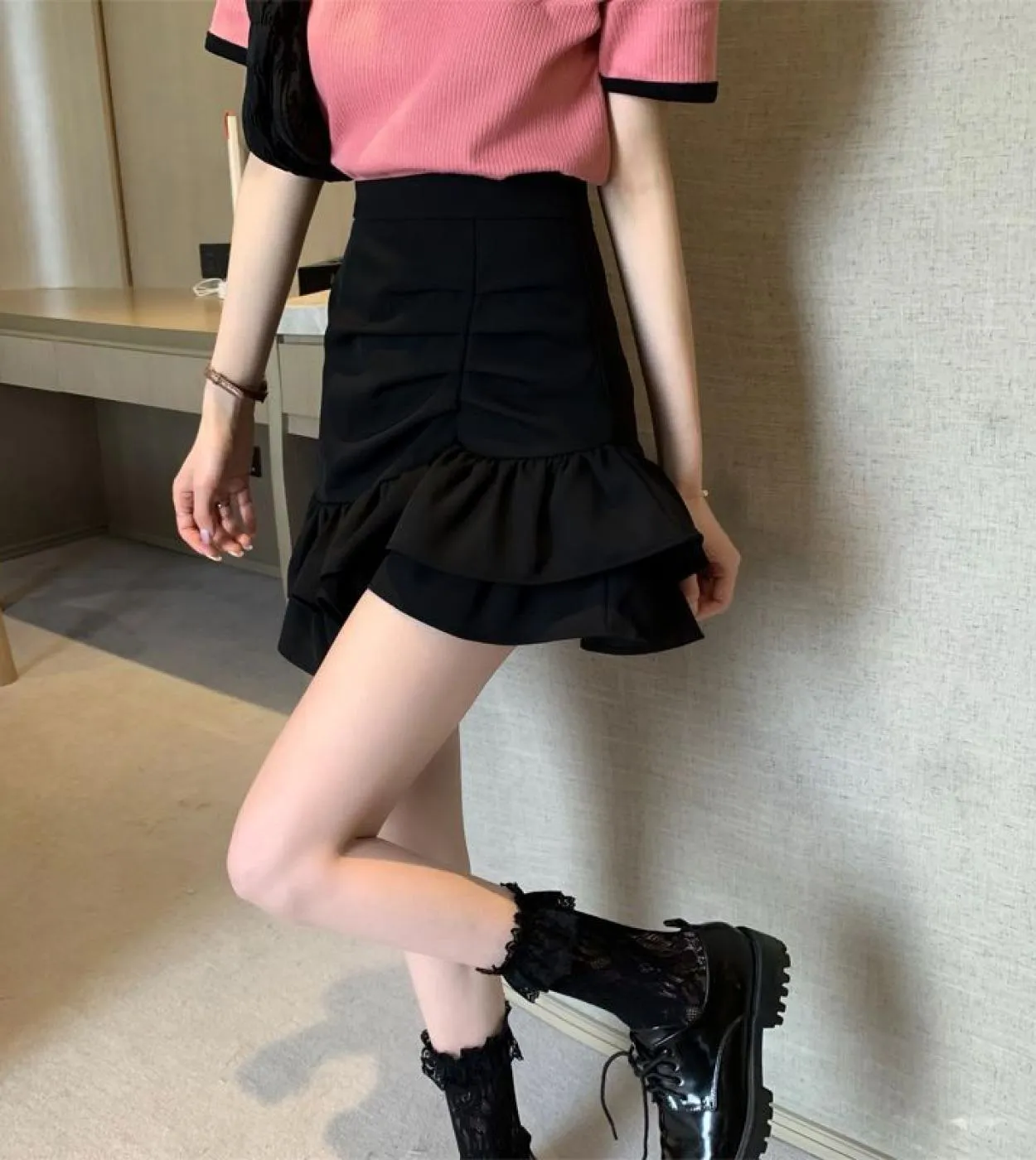 Gonna stile donna con volant rosa Gonna corta Kawaii estiva a vita alta Streetwear Minigonne pieghettate da donna