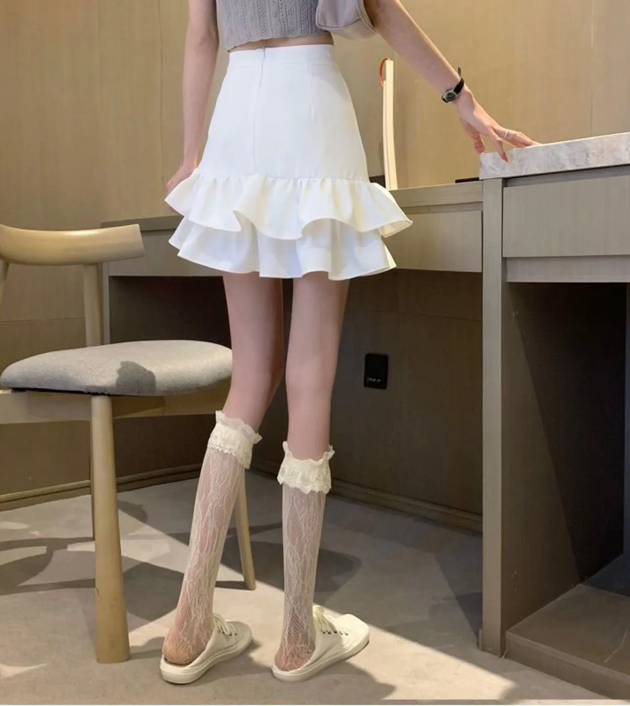Gonna stile donna con volant rosa Gonna corta Kawaii estiva a vita alta Streetwear Minigonne pieghettate da donna