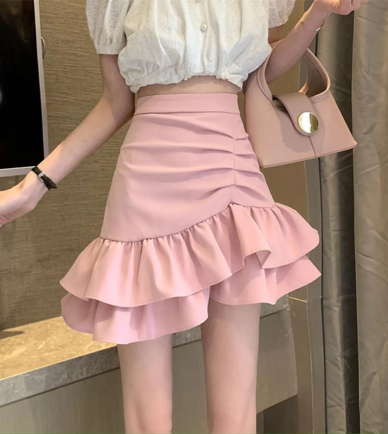 Gonna stile donna con volant rosa Gonna corta Kawaii estiva a vita alta Streetwear Minigonne pieghettate da donna