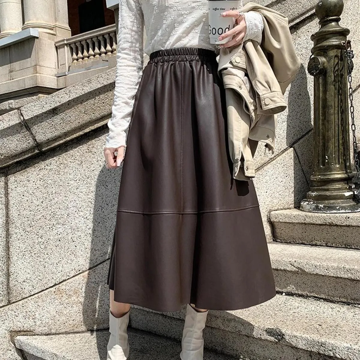 Gonne in pelle Pu 2023 autunno inverno nuova mezza gonna a vita alta sottile elegante morbida gonna ombrello in pelle a linea