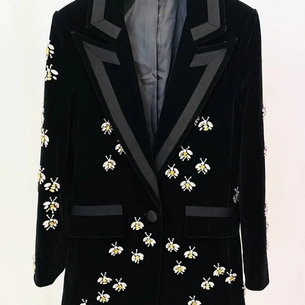High Street Più Nuovo 2023 A/w Designer Giacca da Donna Singolo Bottone Strass Diamanti In Rilievo Ape Velluto Lungo Bl