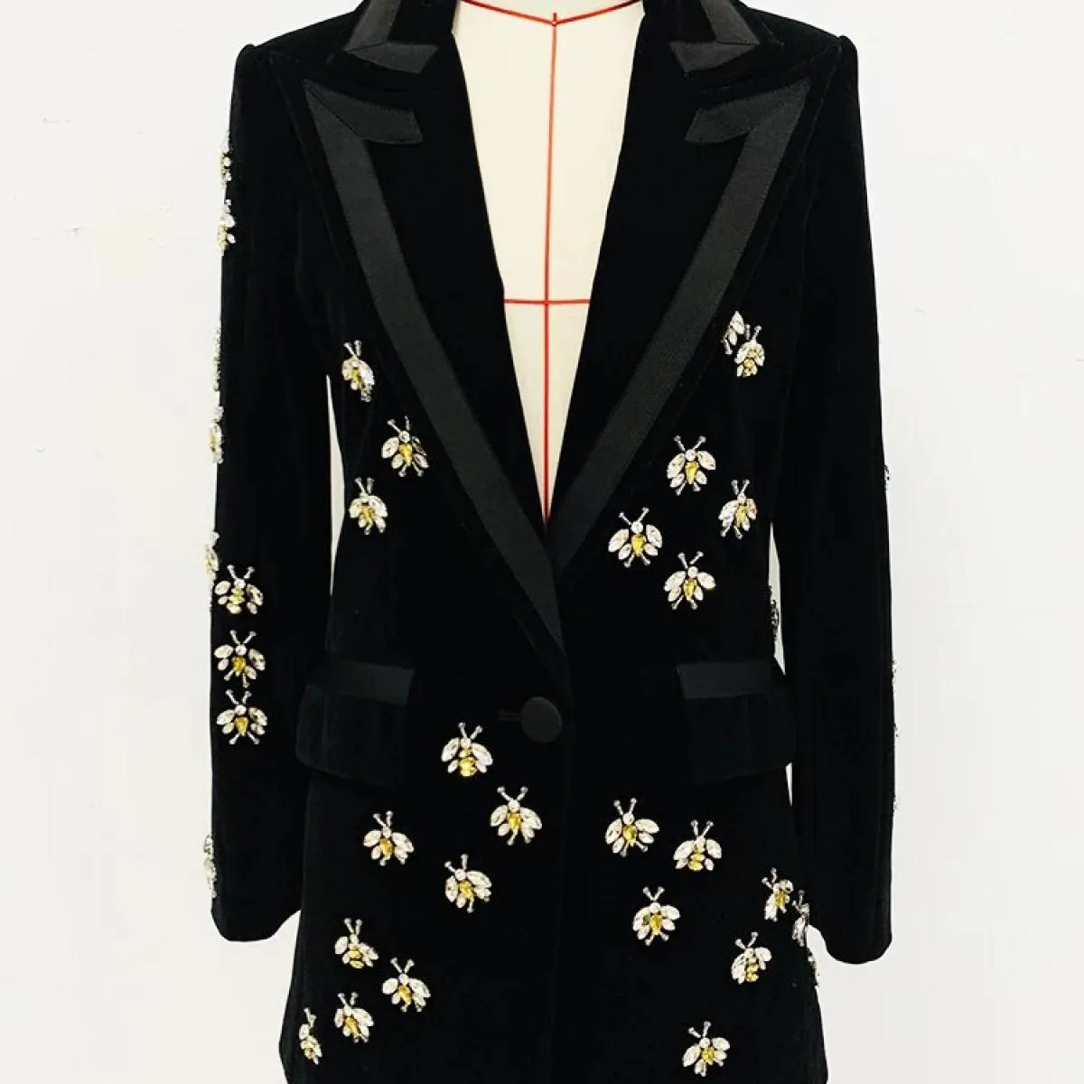 High Street Più Nuovo 2023 A/w Designer Giacca da Donna Singolo Bottone Strass Diamanti In Rilievo Ape Velluto Lungo Bl