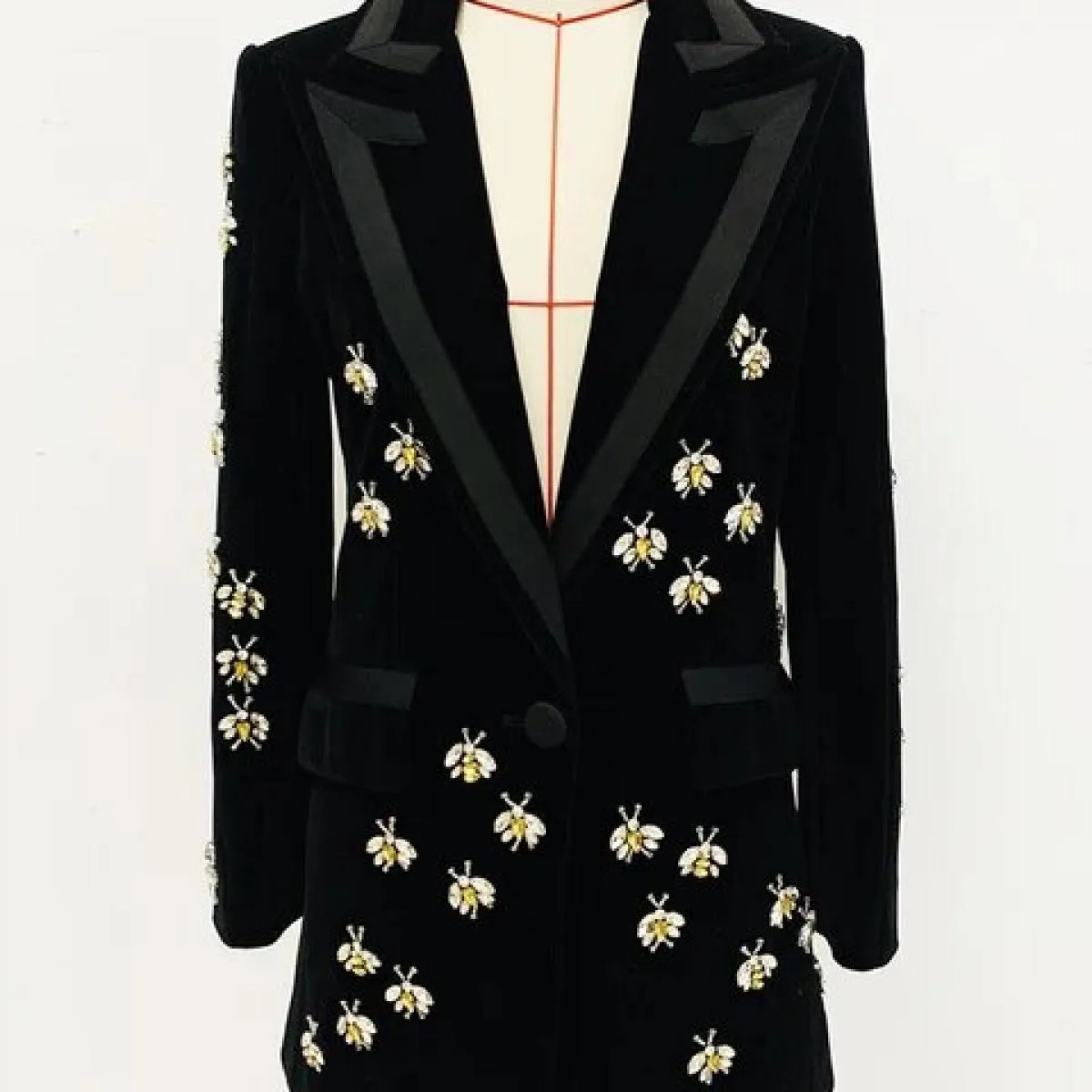High Street Più Nuovo 2023 A/w Designer Giacca da Donna Singolo Bottone Strass Diamanti In Rilievo Ape Velluto Lungo Bl