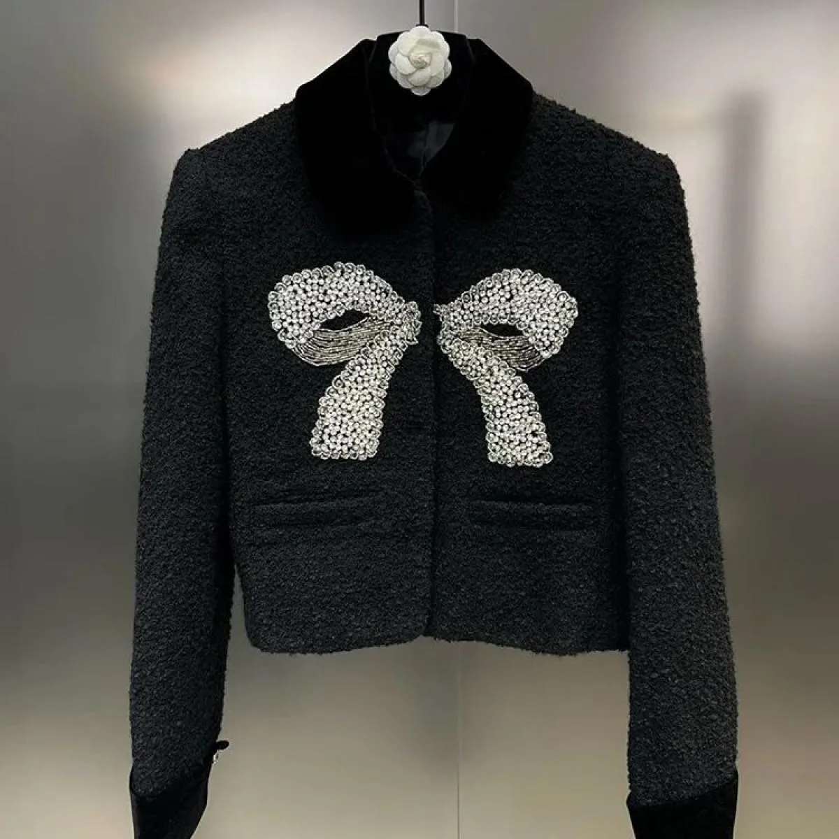 High Street più recente 2023 autunno inverno designer moda donna risvolto in velluto maniche lunghe giacca in tweed con fiocco t