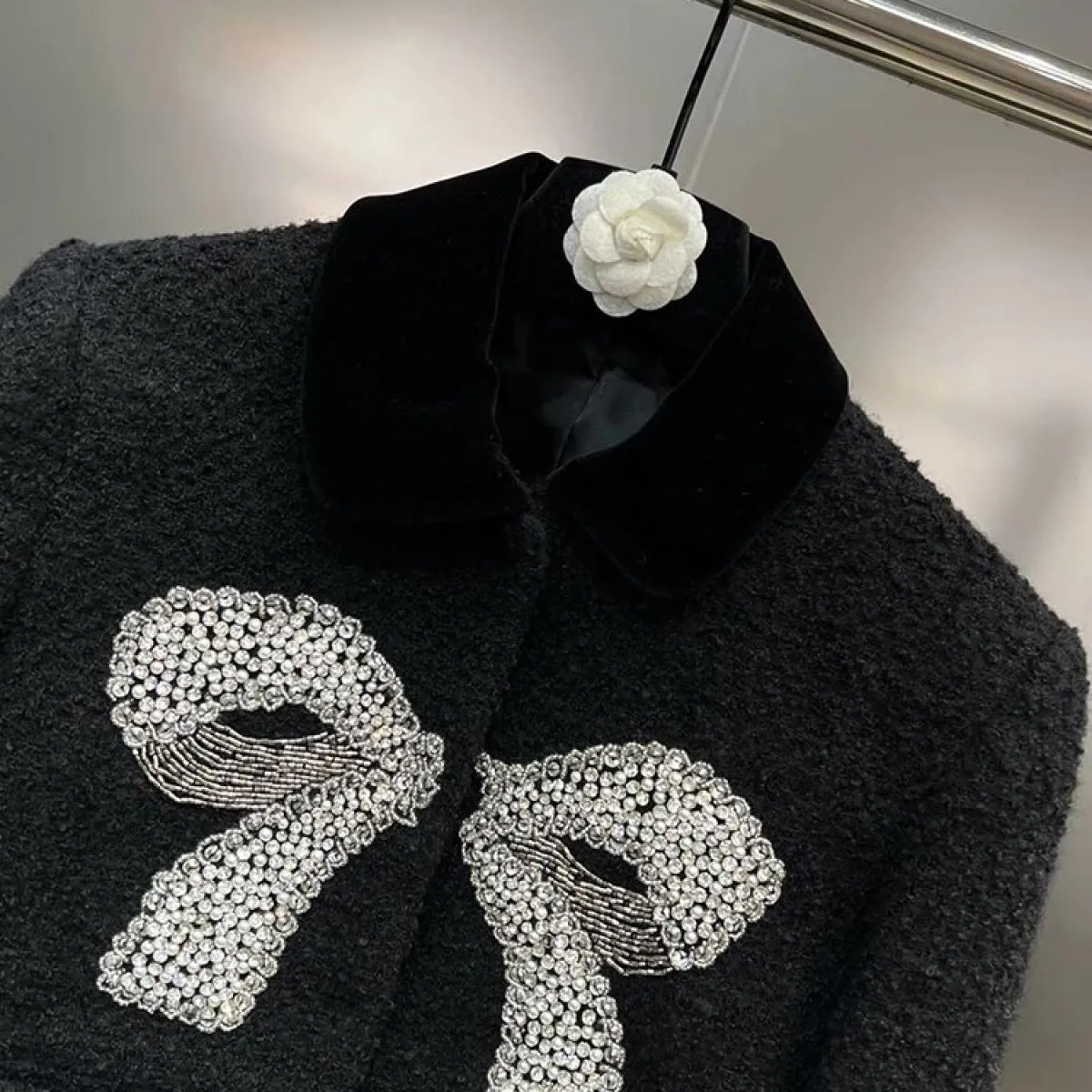High Street più recente 2023 autunno inverno designer moda donna risvolto in velluto maniche lunghe giacca in tweed con fiocco t