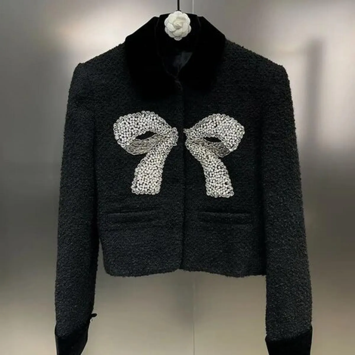 High Street più recente 2023 autunno inverno designer moda donna risvolto in velluto maniche lunghe giacca in tweed con fiocco t