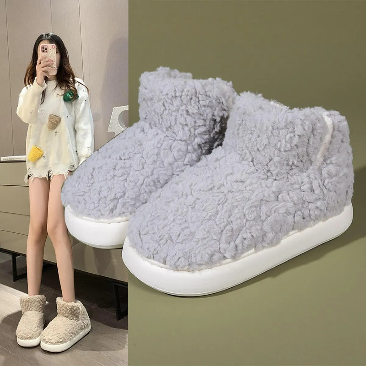 Inverno Nuovo Semplice E Caldo Più Peluche Alta Suola Spessa Scarpe di Cotone Borsa da Donna Scarpe con Tacco Peluche Tinta Unit