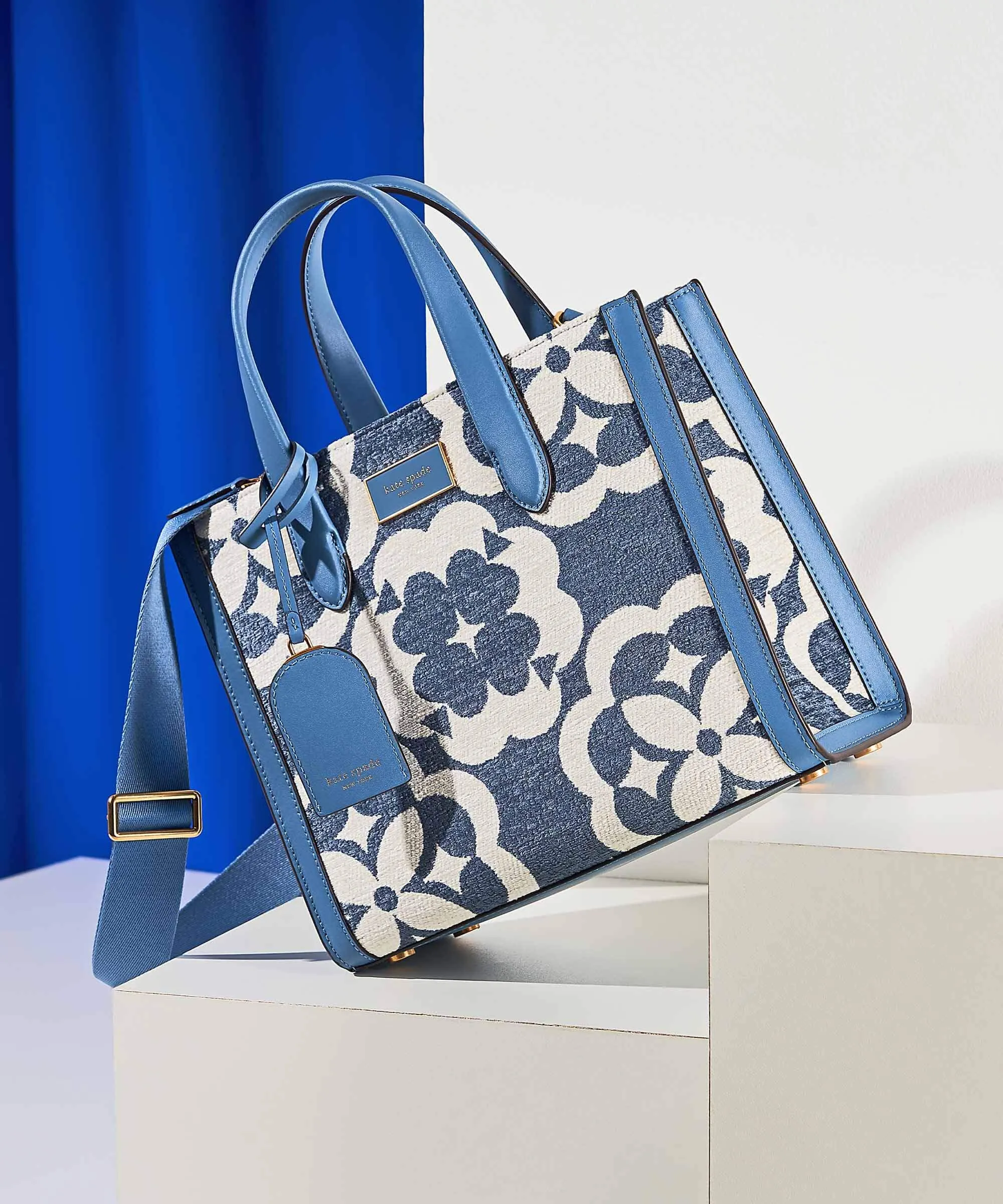  Kate Spade New York Spade Flower Monogram Manhattan Borsa a mano tissu blu/bianco  