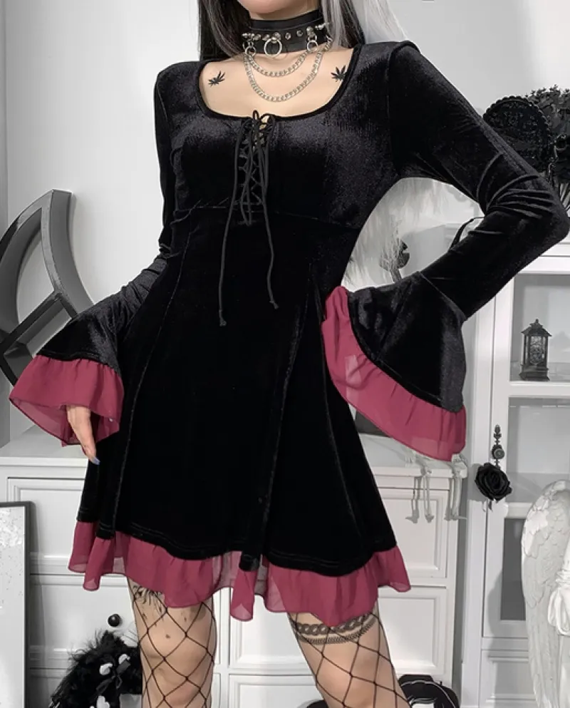 Kayotuas Abito da donna con maniche svasate gotiche in velluto a maniche lunghe con allacciatura a maniche lunghe Mini Cosplay d