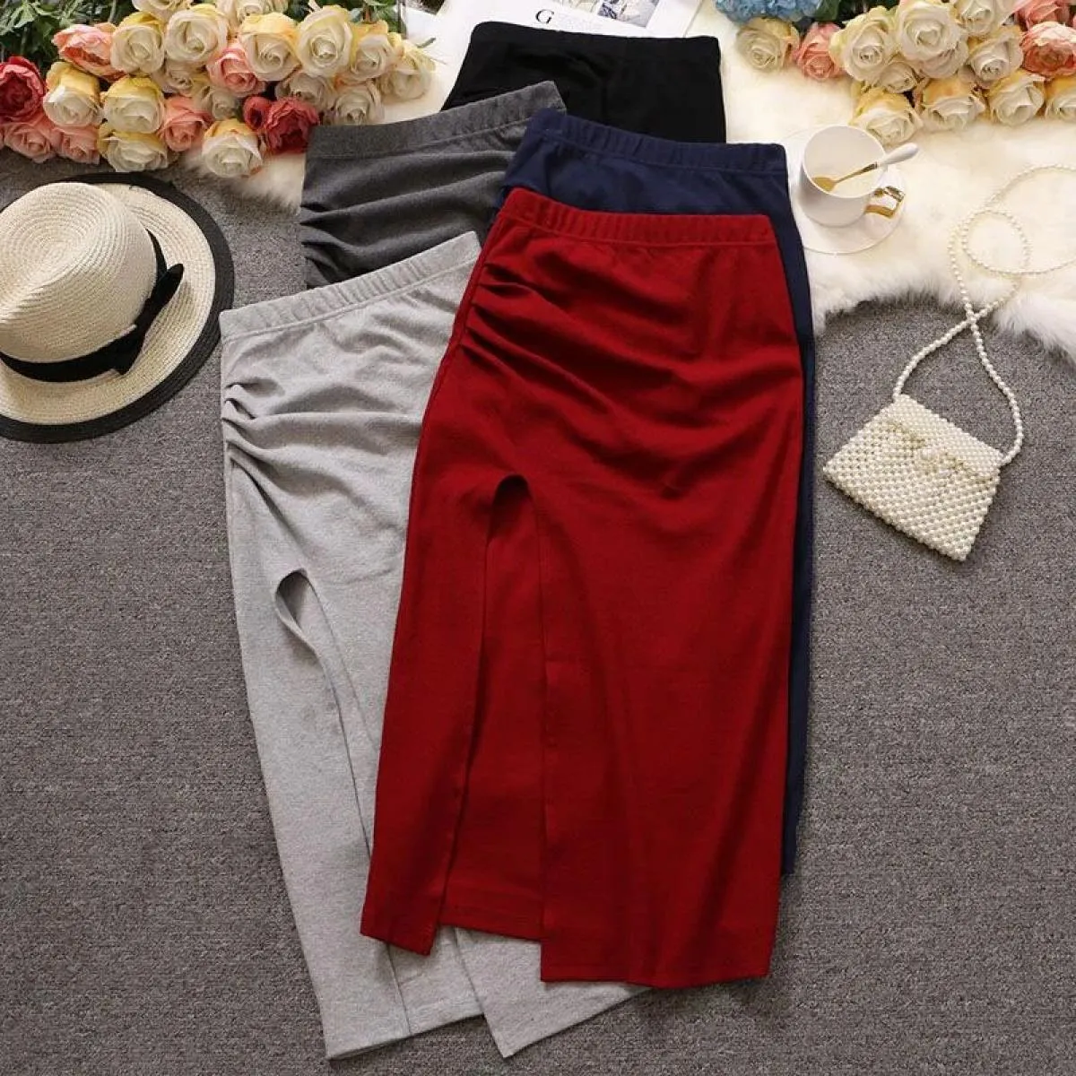 Lucyever Gonne a portafoglio con spacco alto Gonna a tubino da ufficio slim fit femminile tinta unita Gonna longuette elegante a