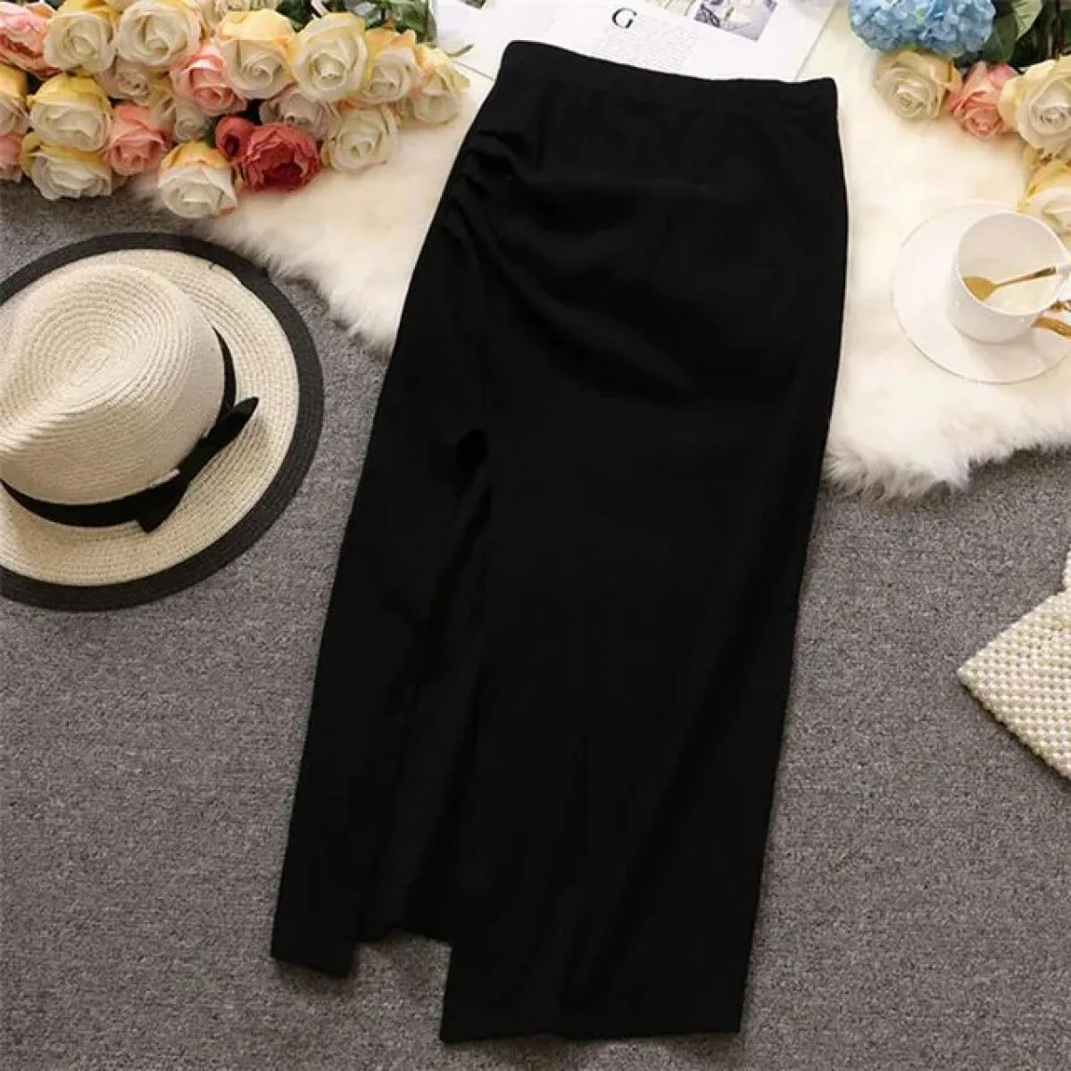 Lucyever Gonne a portafoglio con spacco alto Gonna a tubino da ufficio slim fit femminile tinta unita Gonna longuette elegante a