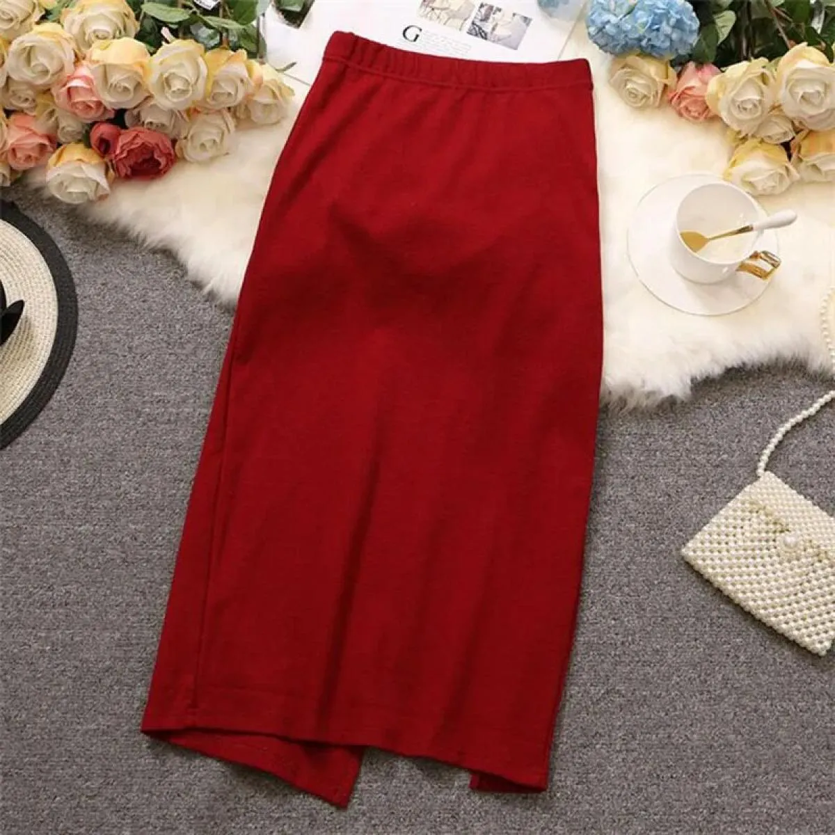 Lucyever Gonne a portafoglio con spacco alto Gonna a tubino da ufficio slim fit femminile tinta unita Gonna longuette elegante a