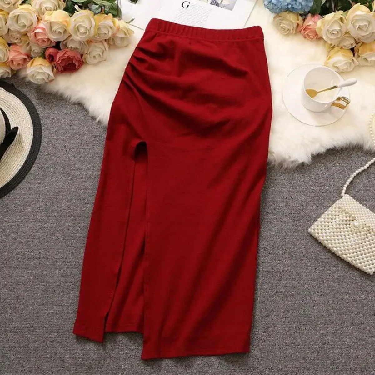 Lucyever Gonne a portafoglio con spacco alto Gonna a tubino da ufficio slim fit femminile tinta unita Gonna longuette elegante a