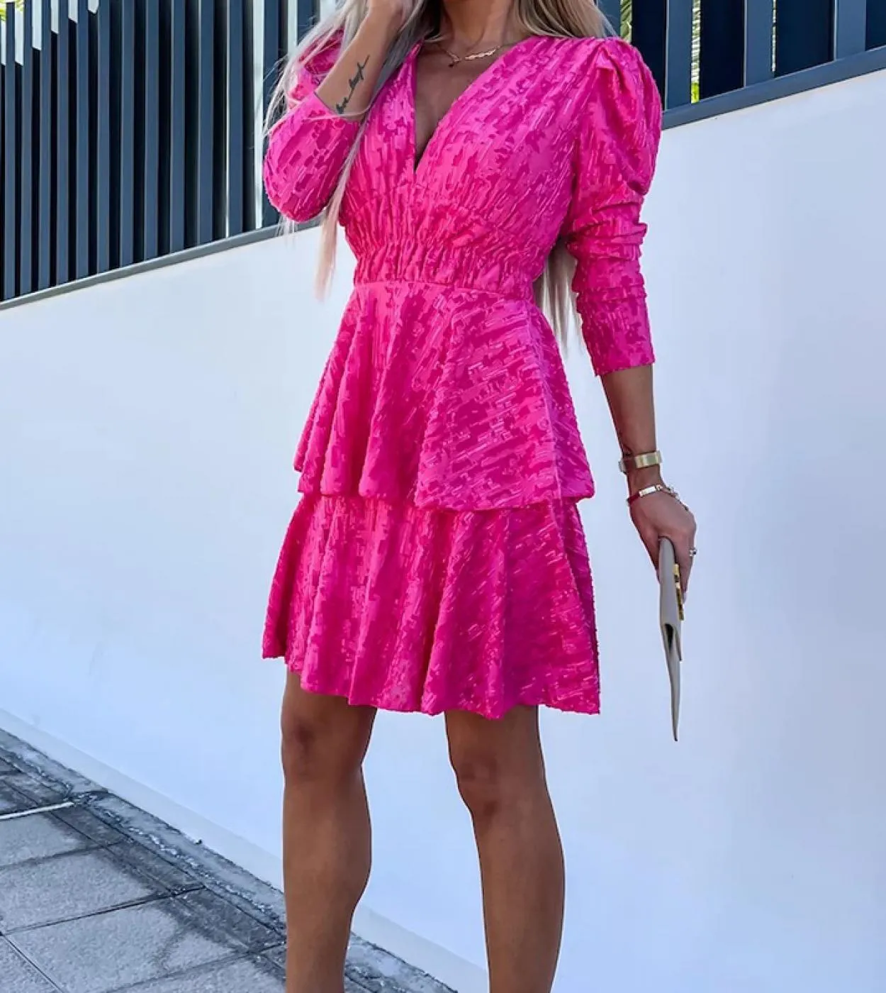 Mini abito jacquard in velluto moda donna Abito da sera plissettato a maniche lunghe casual Elegante scollo a V elastico in vita