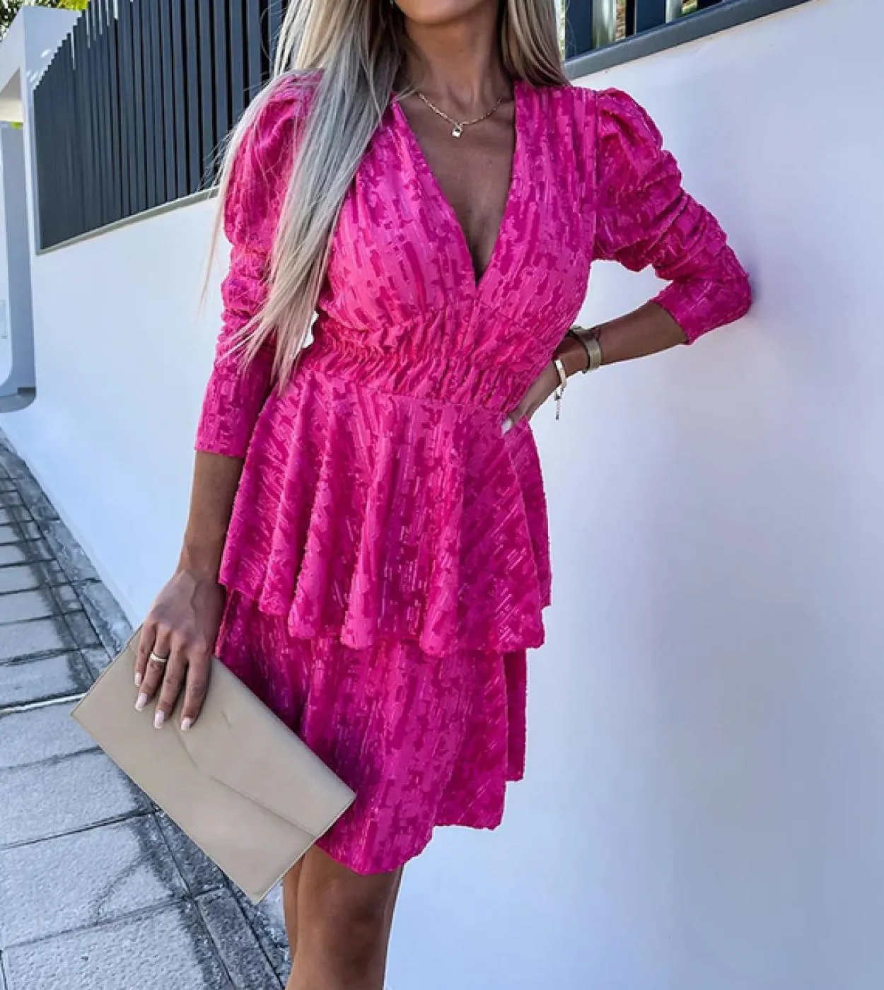 Mini abito jacquard in velluto moda donna Abito da sera plissettato a maniche lunghe casual Elegante scollo a V elastico in vita