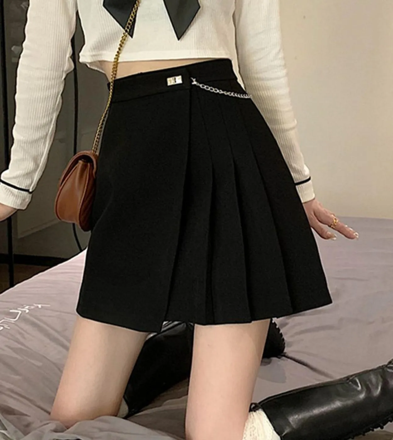 Minigonne a vita alta da donna Nuovo stile 2022 Streetwear Allmatch tinta unita da donna Aline gonna corta a pieghe gonne