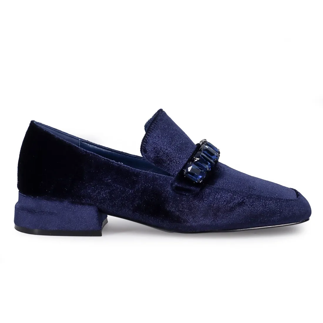 Mocassino da donna Jeannot in velluto blu con tacco basso