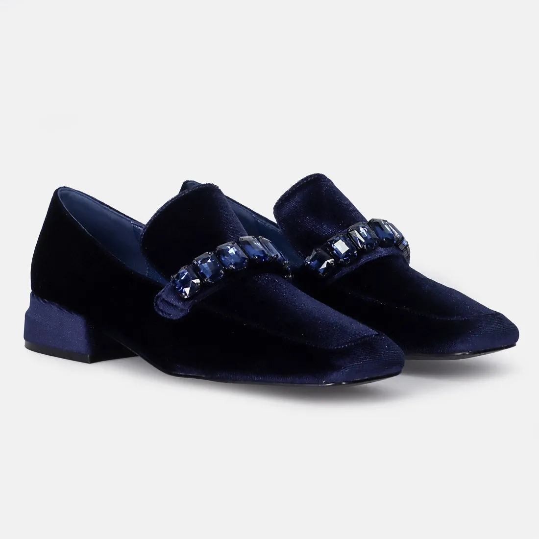 Mocassino da donna Jeannot in velluto blu con tacco basso