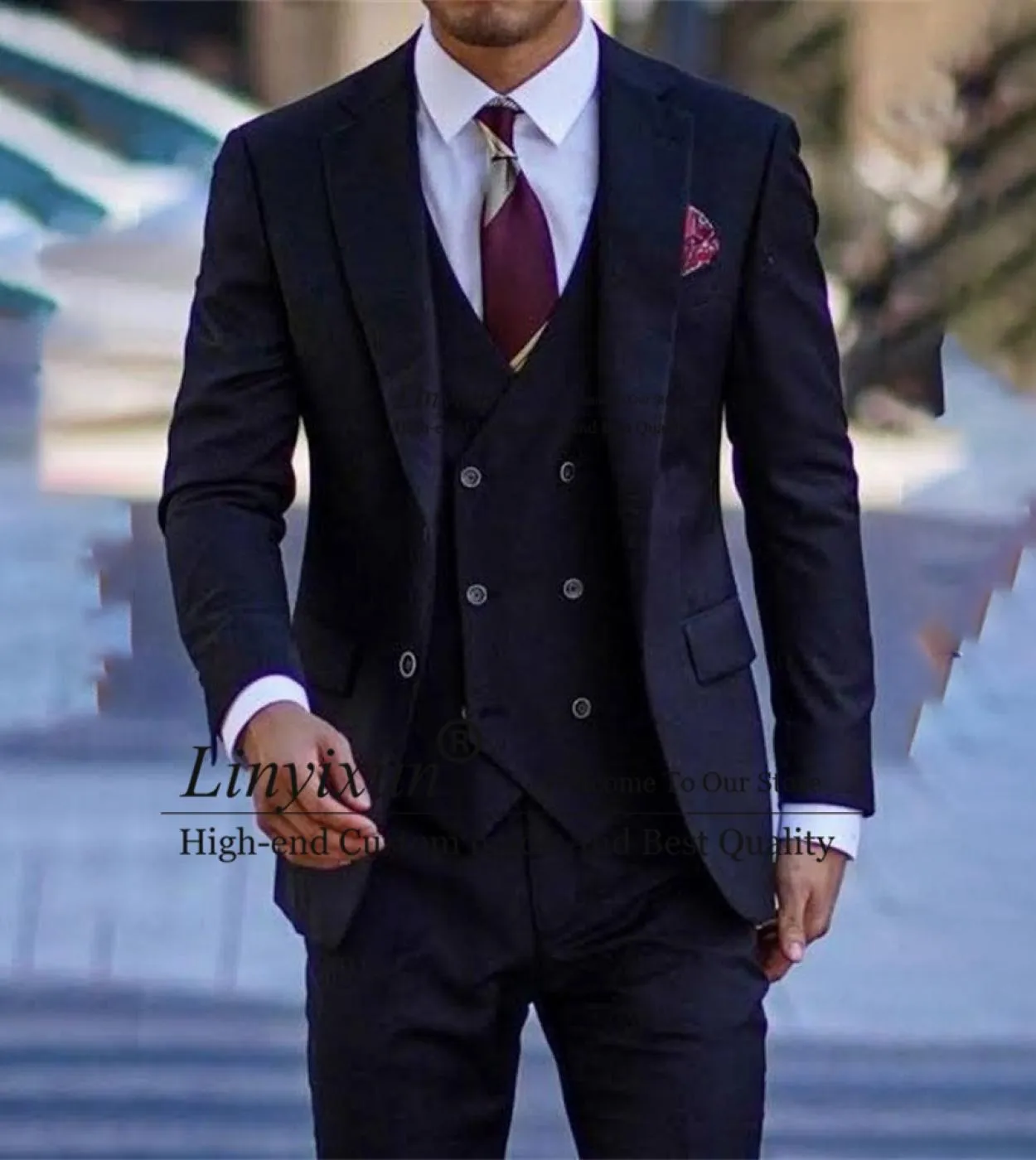 Moda blu navy abiti da uomo 3 pezzi set giacca da lavoro formale slim fit smoking da sposo smoking terno masculino giacca ves