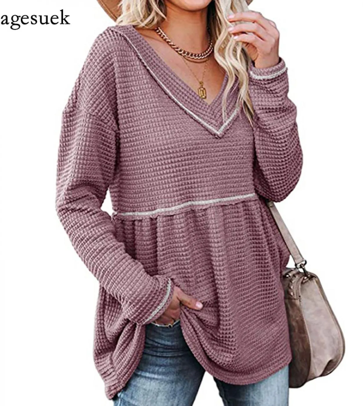 Moda Donna Camicetta Autunno Inverno Vneck Maglietta a pieghe Gonna Elegante Camicetta lunga Top manica lunga Donna Blusa Mujer
