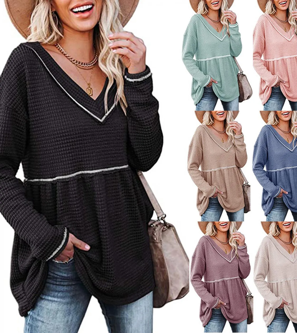 Moda Donna Camicetta Autunno Inverno Vneck Maglietta a pieghe Gonna Elegante Camicetta lunga Top manica lunga Donna Blusa Mujer