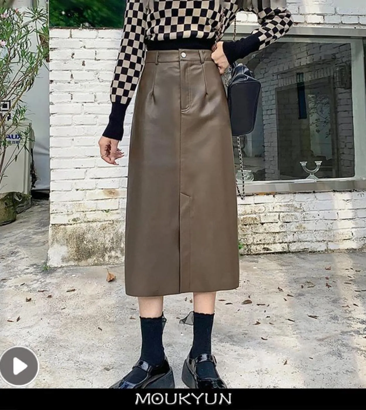 Moukyun caffè gonna a vita alta in PU moda femminile sottile in pelle Faldas donna solido una linea gonna da ufficio da donna Mi