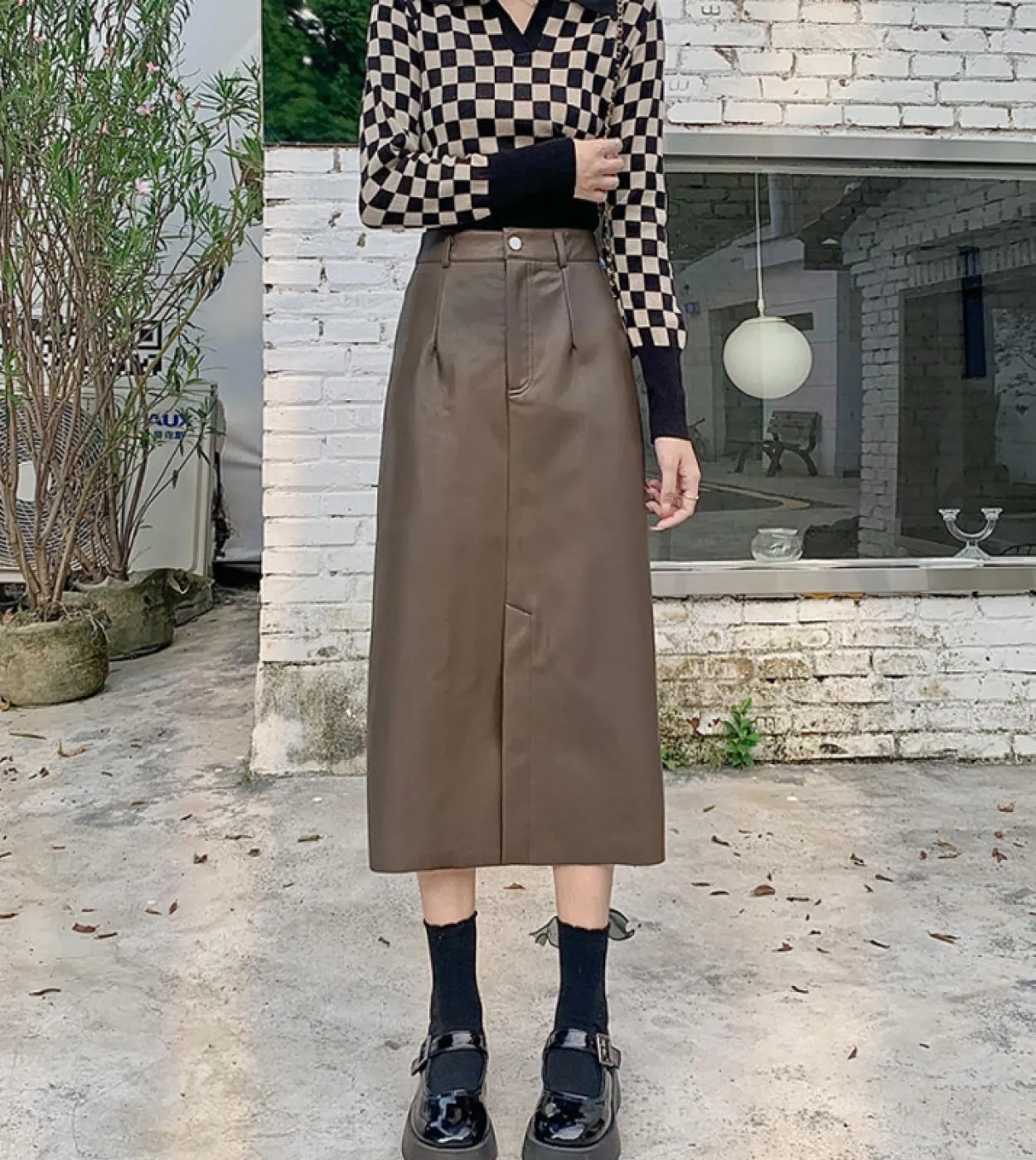 Moukyun caffè gonna a vita alta in PU moda femminile sottile in pelle Faldas donna solido una linea gonna da ufficio da donna Mi