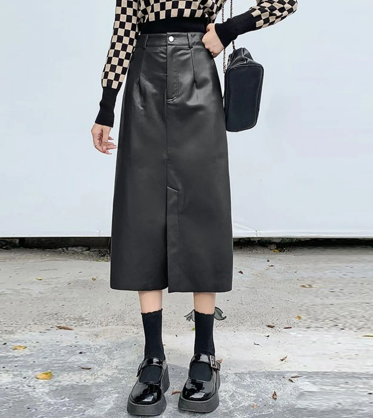 Moukyun caffè gonna a vita alta in PU moda femminile sottile in pelle Faldas donna solido una linea gonna da ufficio da donna Mi