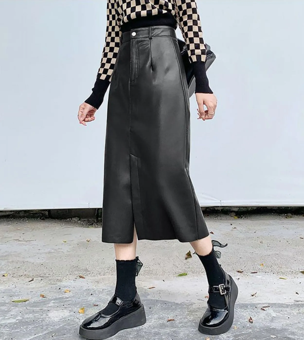 Moukyun caffè gonna a vita alta in PU moda femminile sottile in pelle Faldas donna solido una linea gonna da ufficio da donna Mi