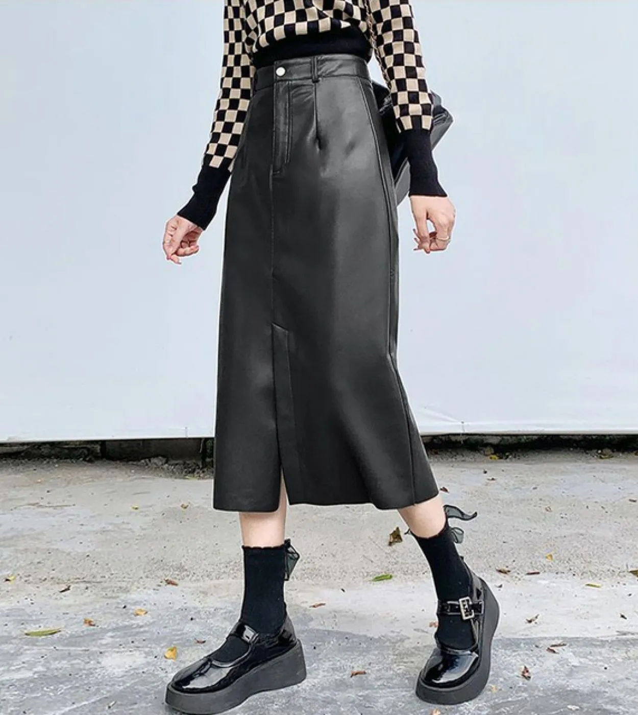 Moukyun caffè gonna a vita alta in PU moda femminile sottile in pelle Faldas donna solido una linea gonna da ufficio da donna Mi
