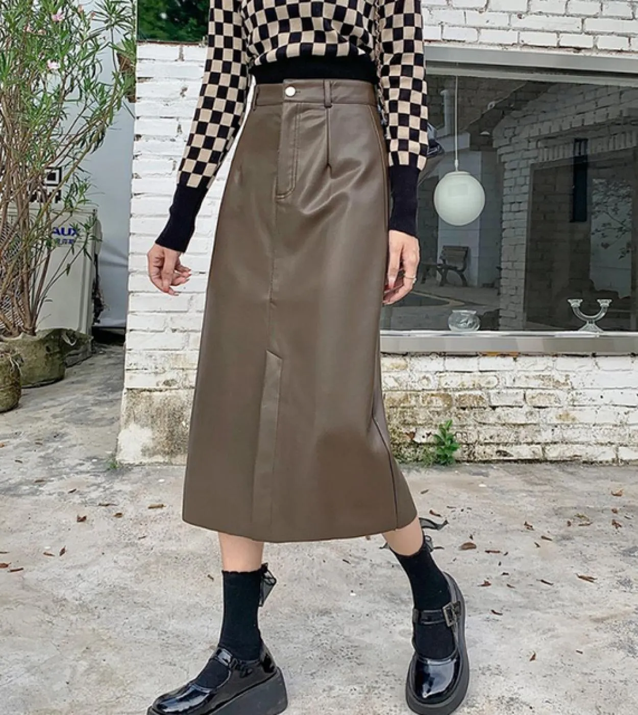 Moukyun caffè gonna a vita alta in PU moda femminile sottile in pelle Faldas donna solido una linea gonna da ufficio da donna Mi