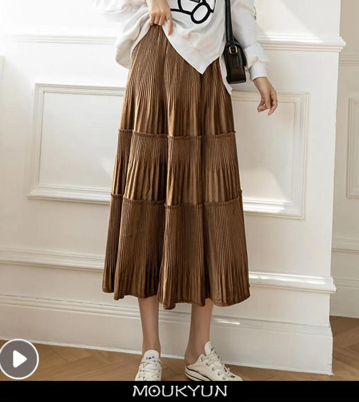 Moukyun Gonne a pieghe in velluto dorato Donna Autunno Elastico in vita Gonna lunga morbida di media lunghezza Faldas Za Donna O