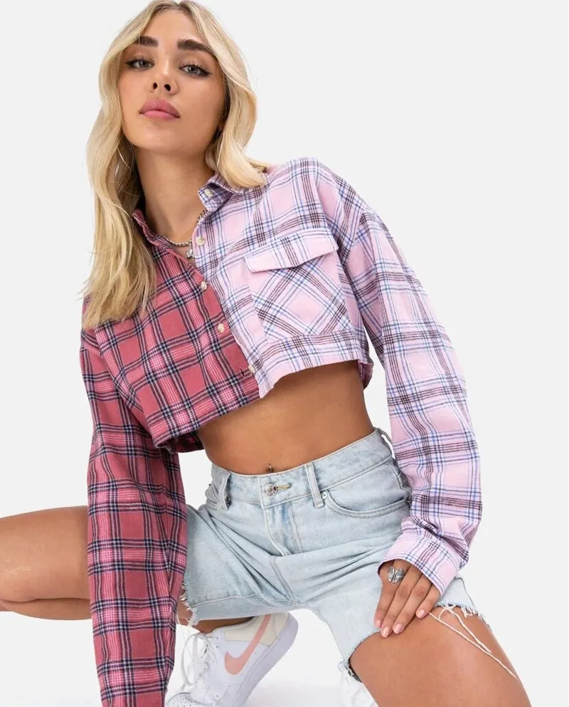 Nuova camicia corta da donna a quadri in contrasto colore
