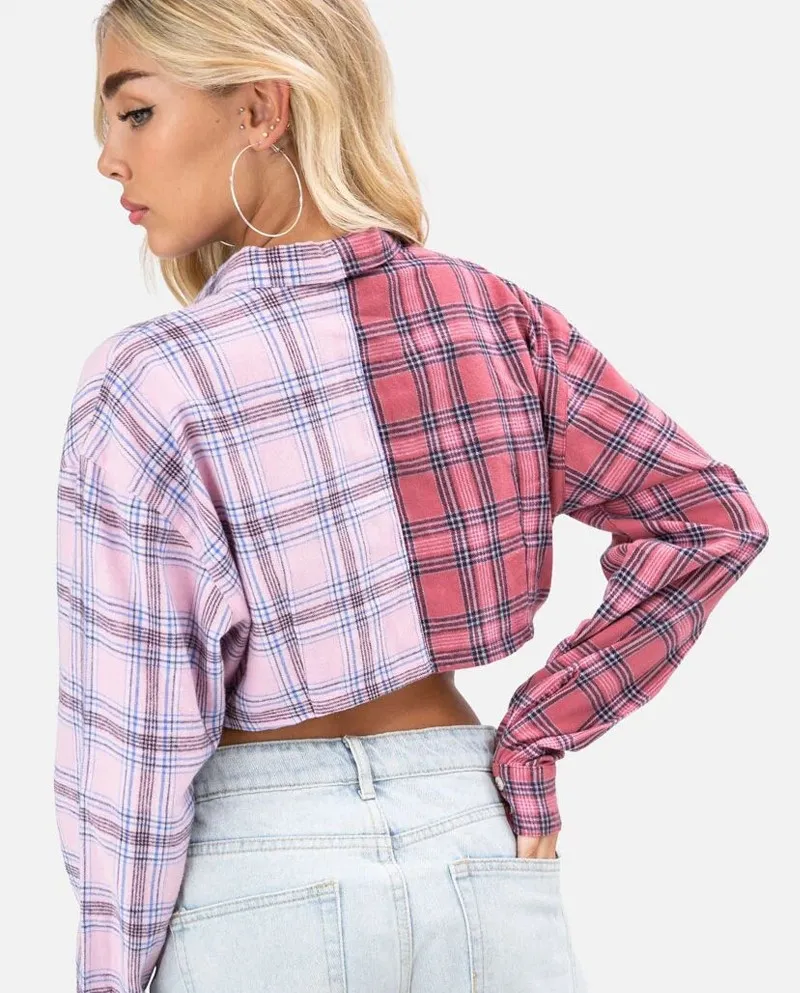 Nuova camicia corta da donna a quadri in contrasto colore