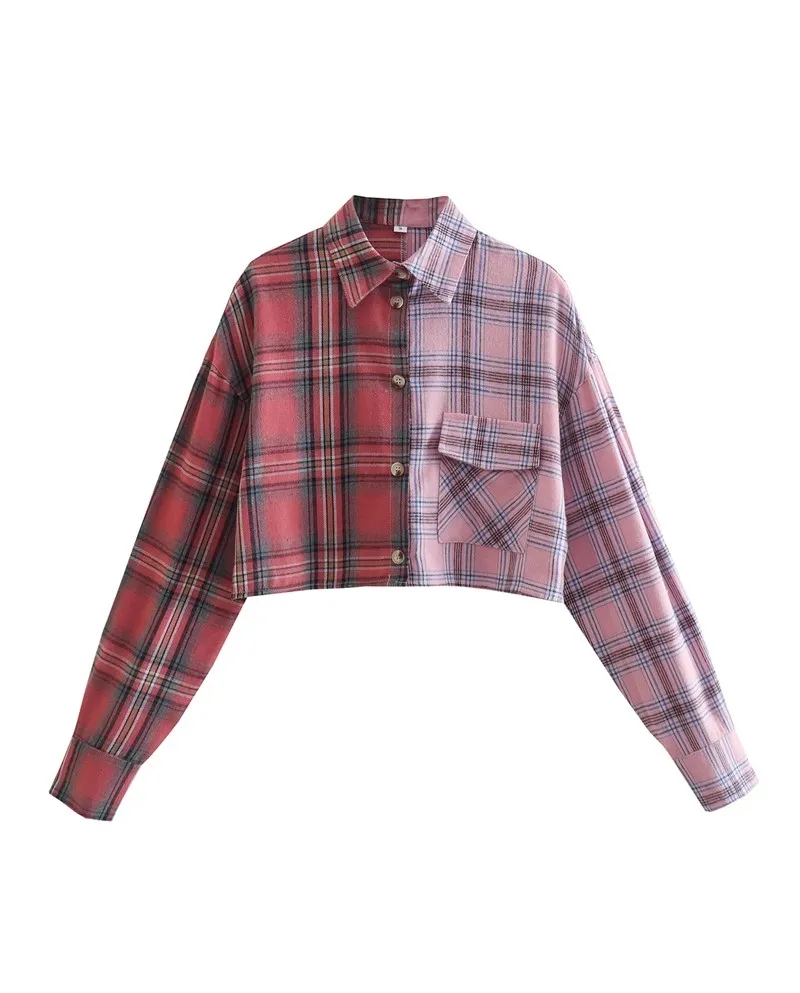 Nuova camicia corta da donna a quadri in contrasto colore