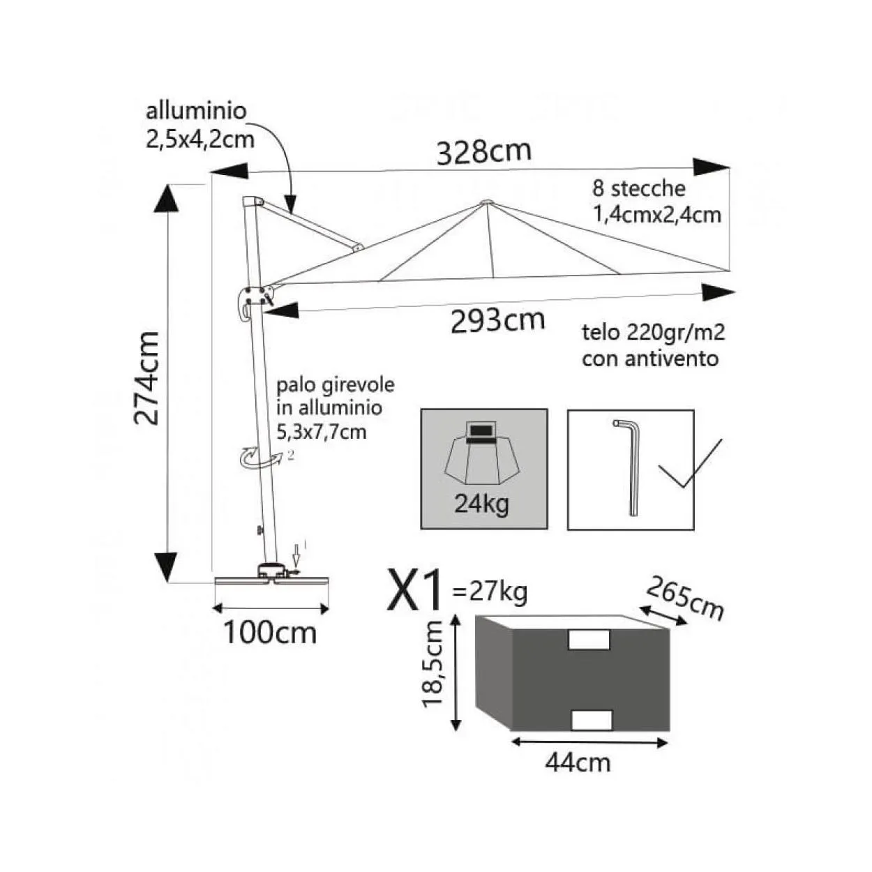 OMBRELLONE SATURNO TAUPE P/L 3 X 4 TELO TORTORA - TAUPE