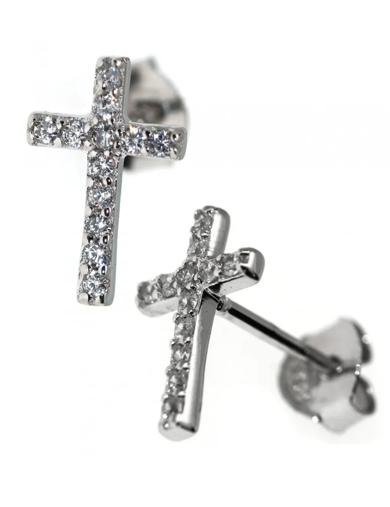 orecchini croce argento 925 luce punto pavè zircone bianco 11x7,5 mm uomo donna
